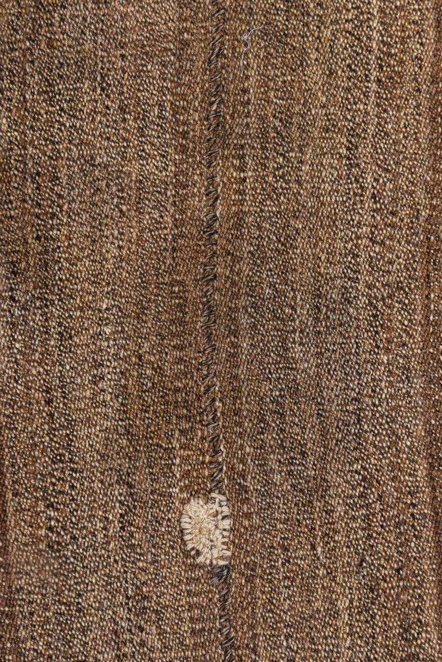2' x 2' one-of-a-kind handmade vintage Grain Bag small size rug. Color palette: brown, taupe, camel, ivory, charcoal, beige