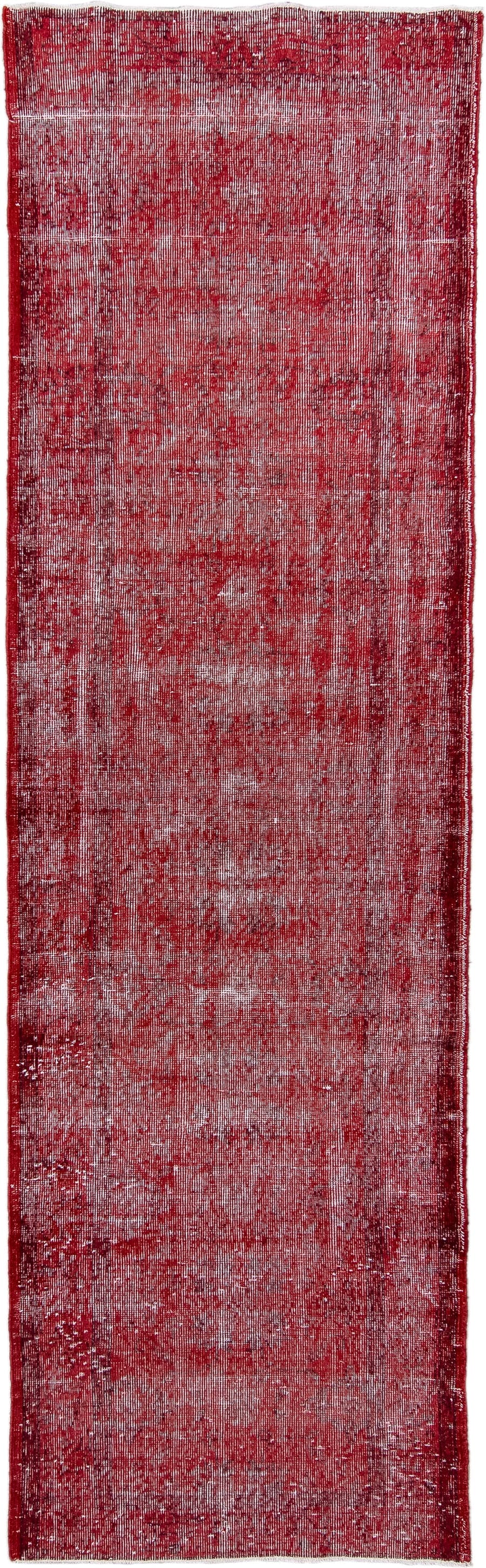 3' x 10' one-of-a-kind handmade vintage Overdyed runner rug. Color palette: crimson, rose, burgundy, ivory, red, pink