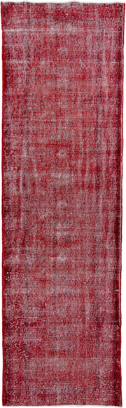 3' x 10' one-of-a-kind handmade vintage Overdyed runner rug. Color palette: crimson, rose, burgundy, ivory, red, pink