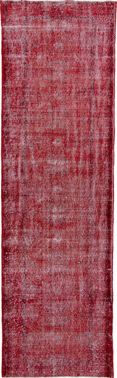 3' x 10' one-of-a-kind handmade vintage Overdyed runner rug. Color palette: brown, off-white, orange, pink, red, wine