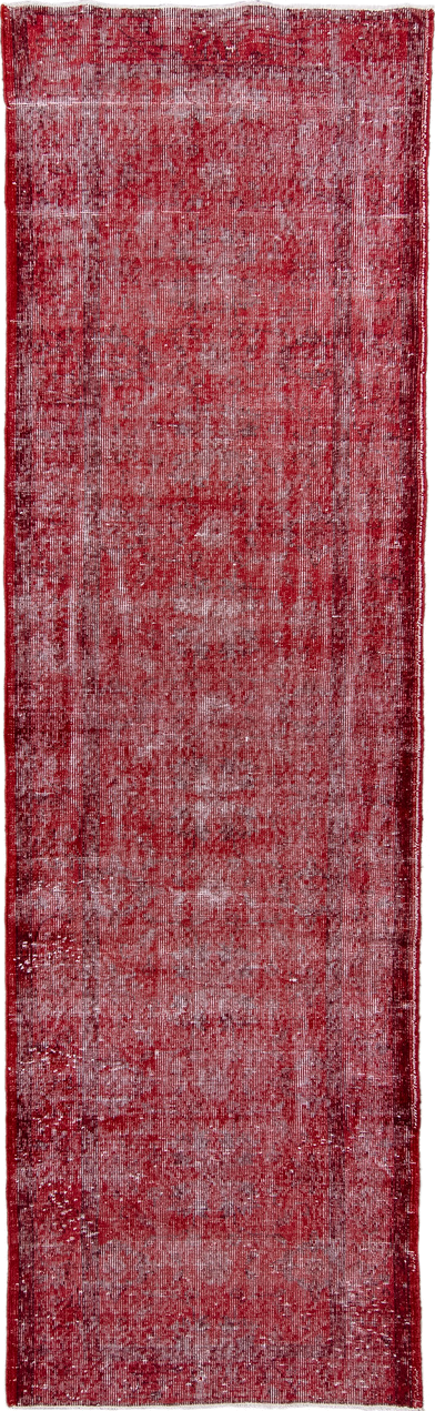 3' x 10' one-of-a-kind handmade vintage Overdyed runner rug. Color palette: brown, off-white, orange, pink, red, wine