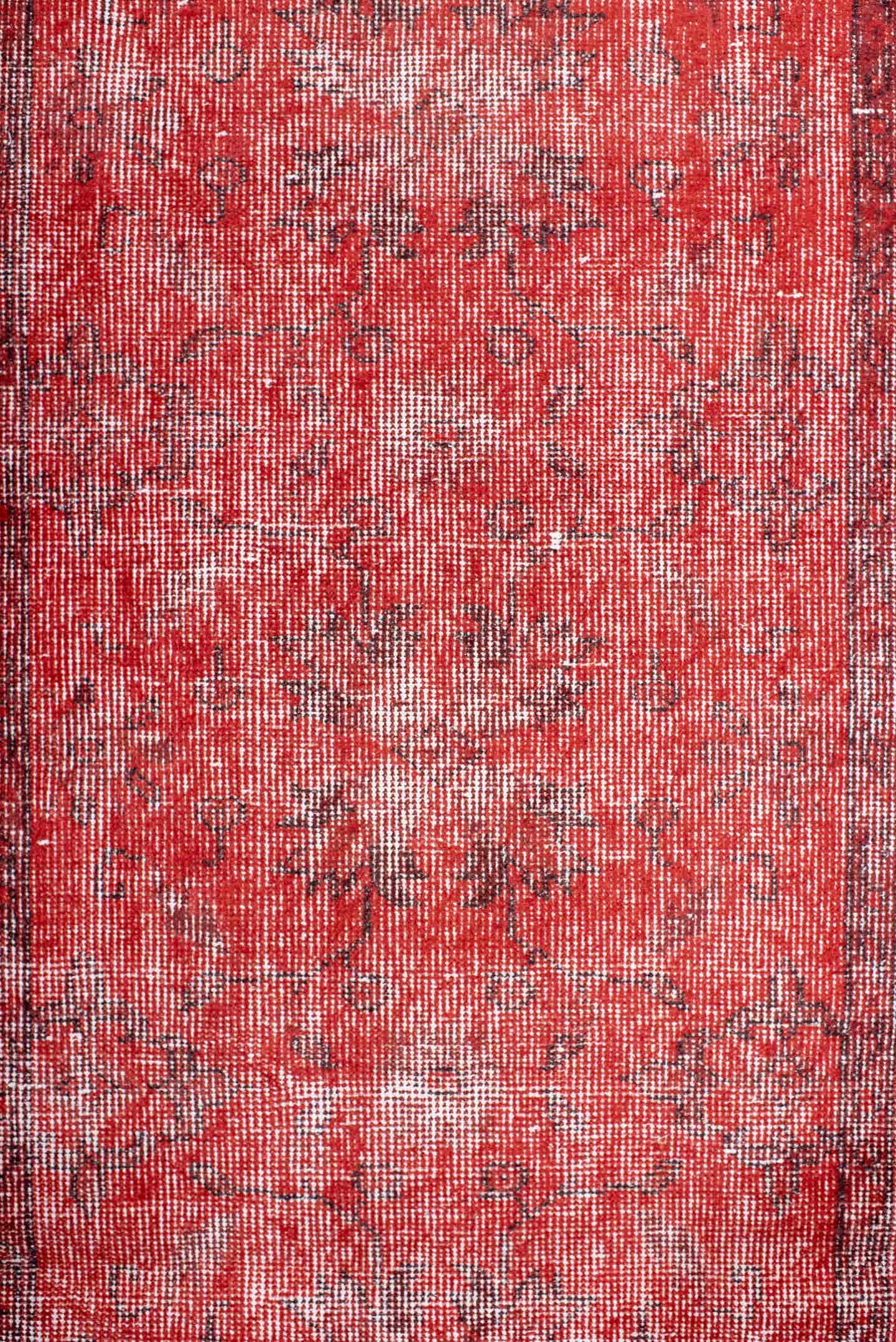 3' x 10' one-of-a-kind handmade vintage Overdyed runner rug. Color palette: crimson, rose, burgundy, ivory, red, pink