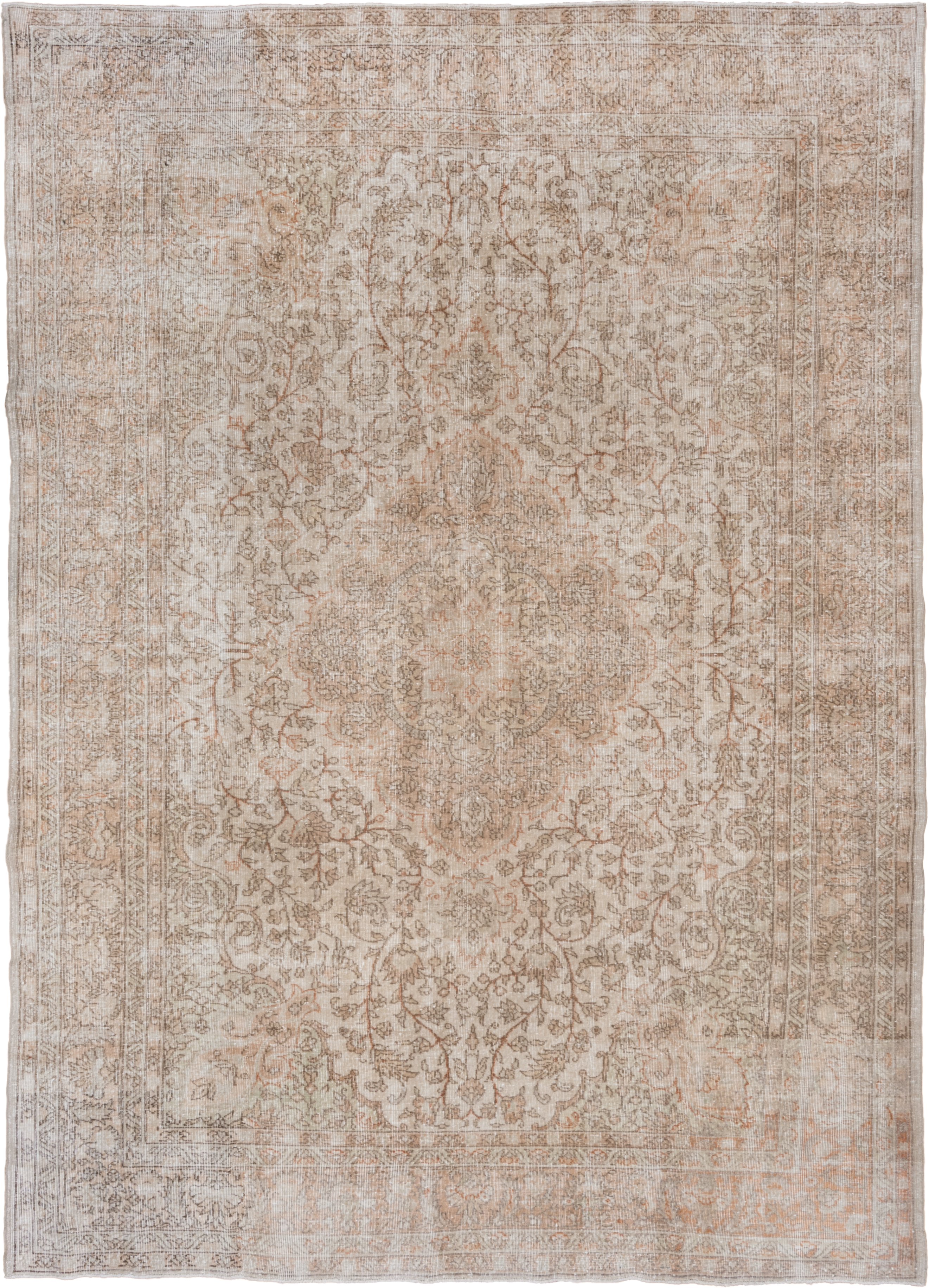 4' x 6' one-of-a-kind handmade vintage Oushak small size rug. Color palette: ivory, taupe, beige, blush, sand, camel, gray