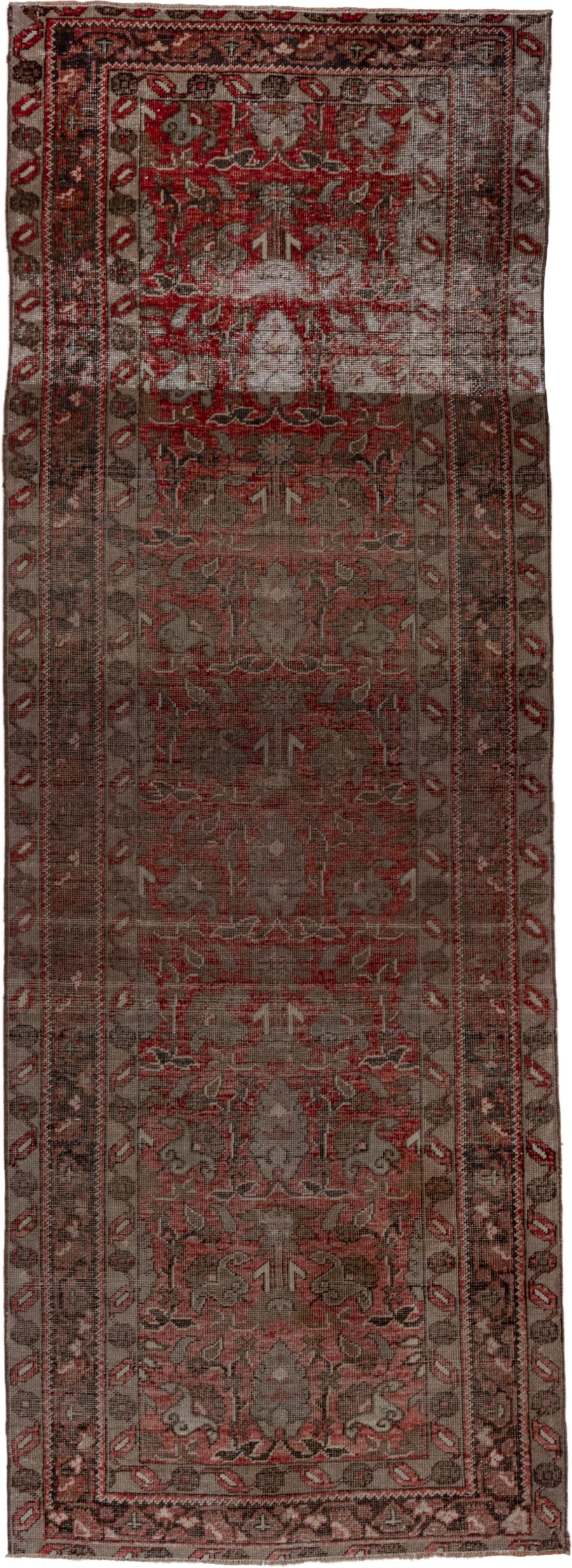3' x 10' one-of-a-kind handmade vintage Oushak runner rug. Color palette: taupe, rust, brown, charcoal, rose, ivory, beige