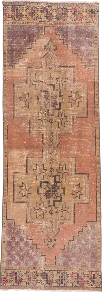 3' x 9' one-of-a-kind handmade vintage Oushak runner rug. Color palette: peach, camel, taupe, rose, burgundy, ivory, brown