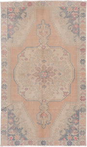 4' x 7' one-of-a-kind handmade vintage Oushak rug. Color palette: peach, ivory, taupe, slate, rose, beige, terracotta, pink