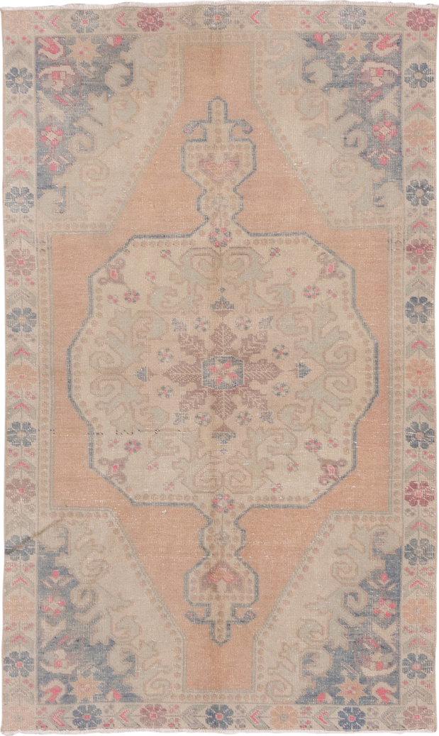 4' x 7' one-of-a-kind handmade vintage Oushak rug. Color palette: peach, ivory, taupe, slate, rose, beige, terracotta, pink