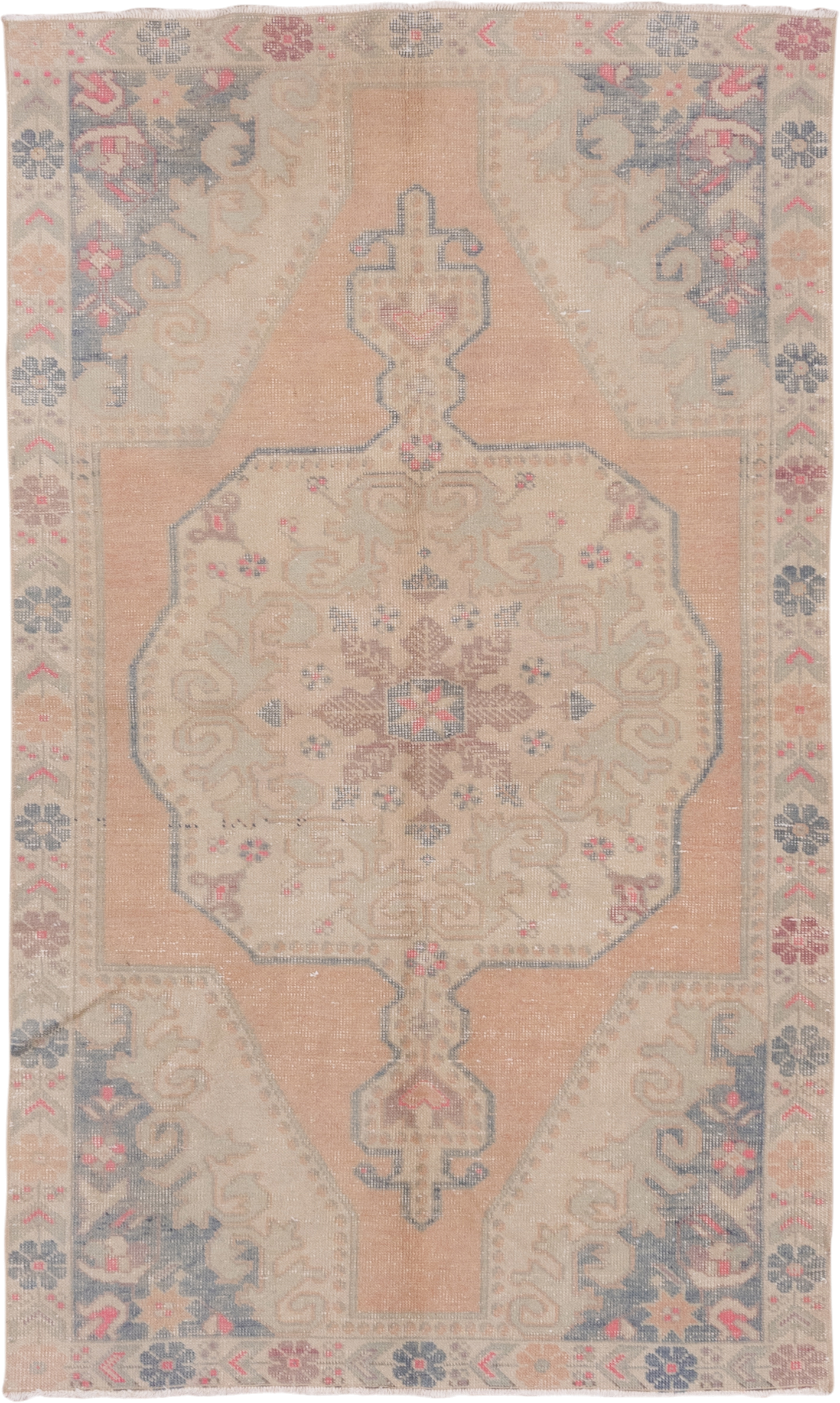 4' x 7' one-of-a-kind handmade vintage Oushak rug. Color palette: peach, ivory, taupe, slate, rose, beige, terracotta, pink