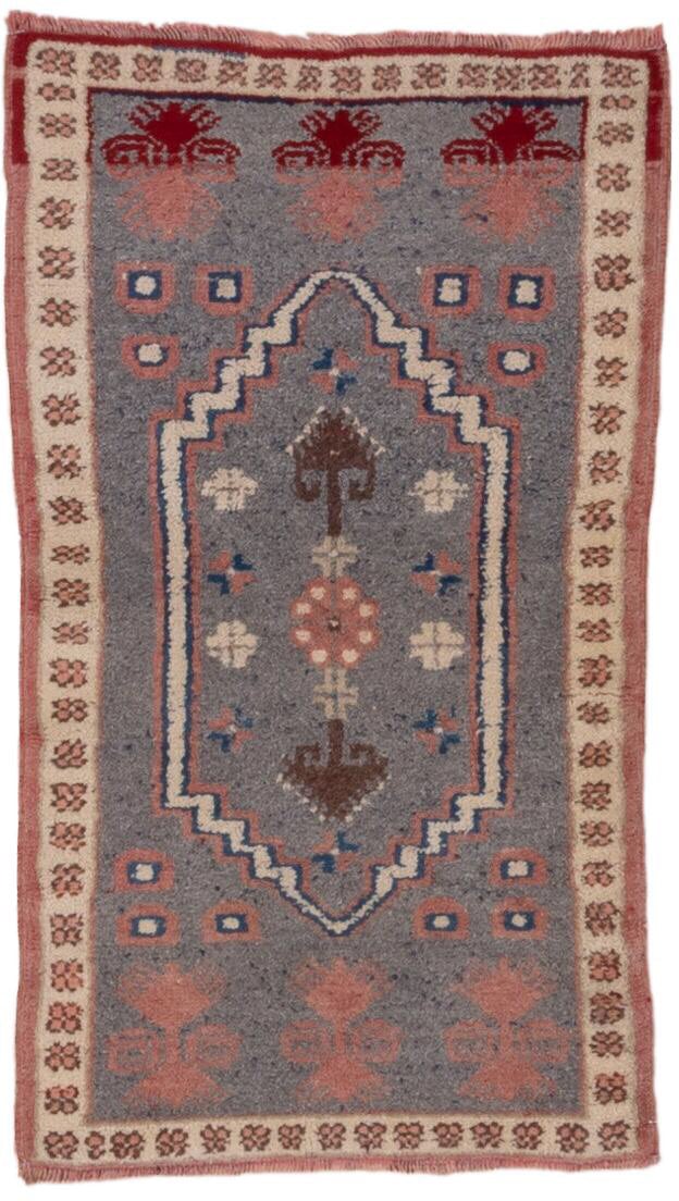 2' x 3' one-of-a-kind handmade vintage Oushak small size rug. Color palette: gray, ivory, rose, rust, brown, blue, crimson