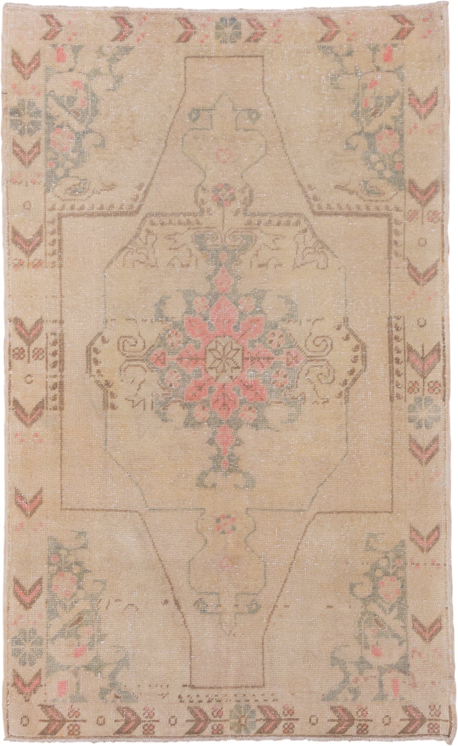 4' x 6' one-of-a-kind handmade vintage Oushak small size rug. Color palette: beige, taupe, blush, sage, brown, ivory, gray