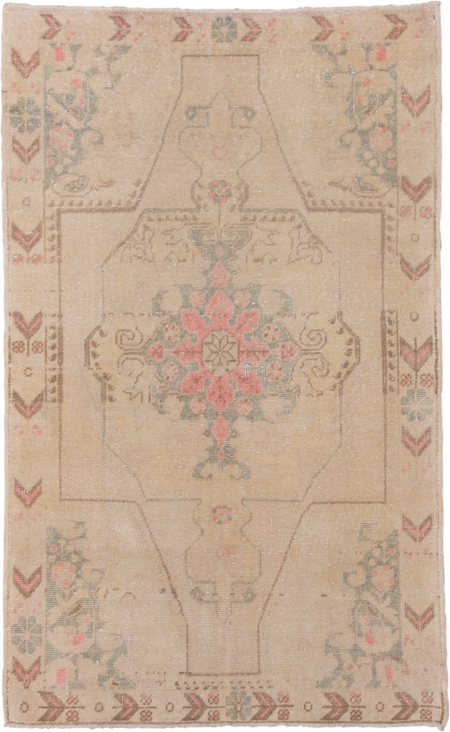 4' x 6' one-of-a-kind handmade vintage Oushak small size rug. Color palette: beige, taupe, blush, sage, brown, ivory, gray