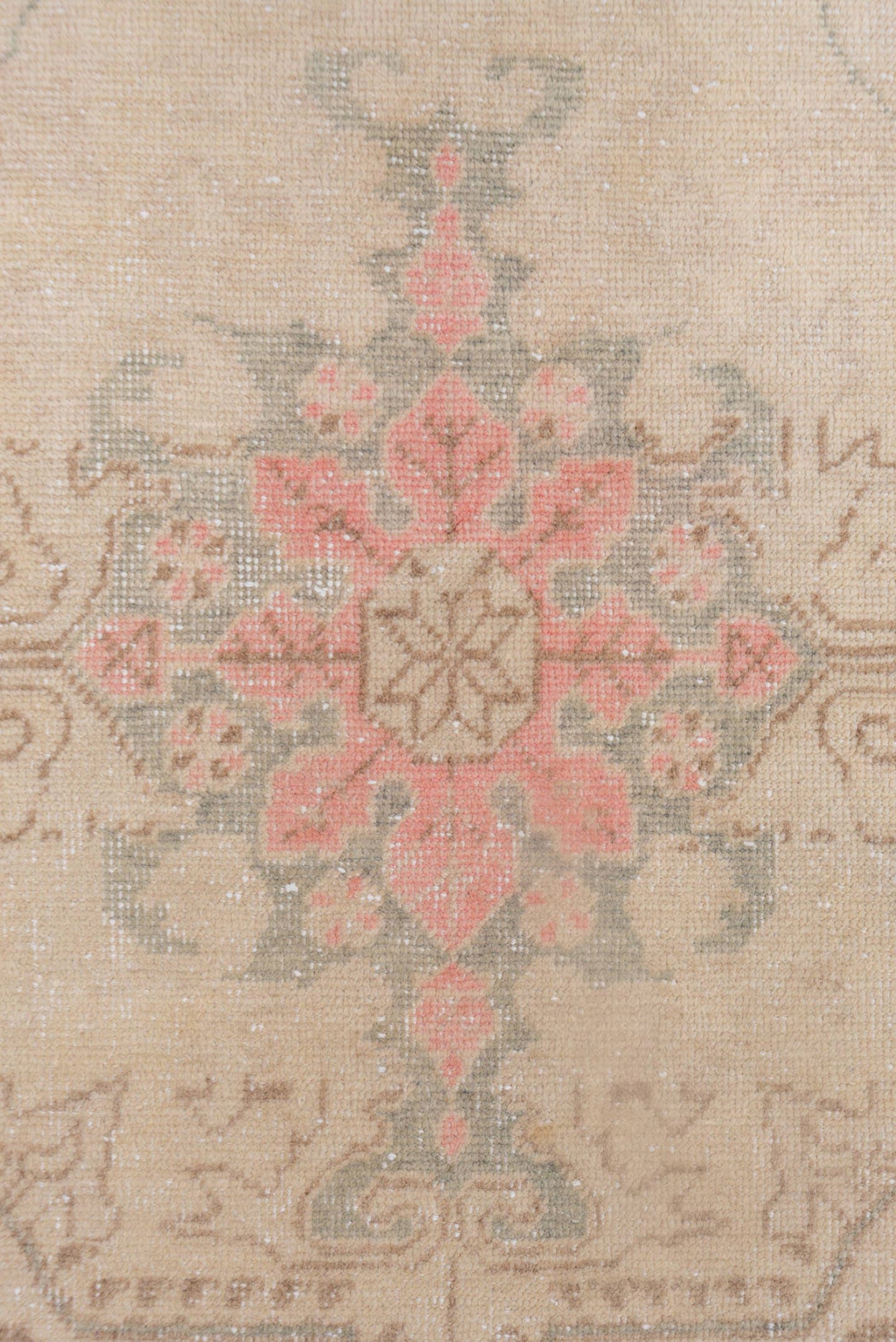 4' x 6' one-of-a-kind handmade vintage Oushak small size rug. Color palette: beige, taupe, blush, sage, brown, ivory, gray