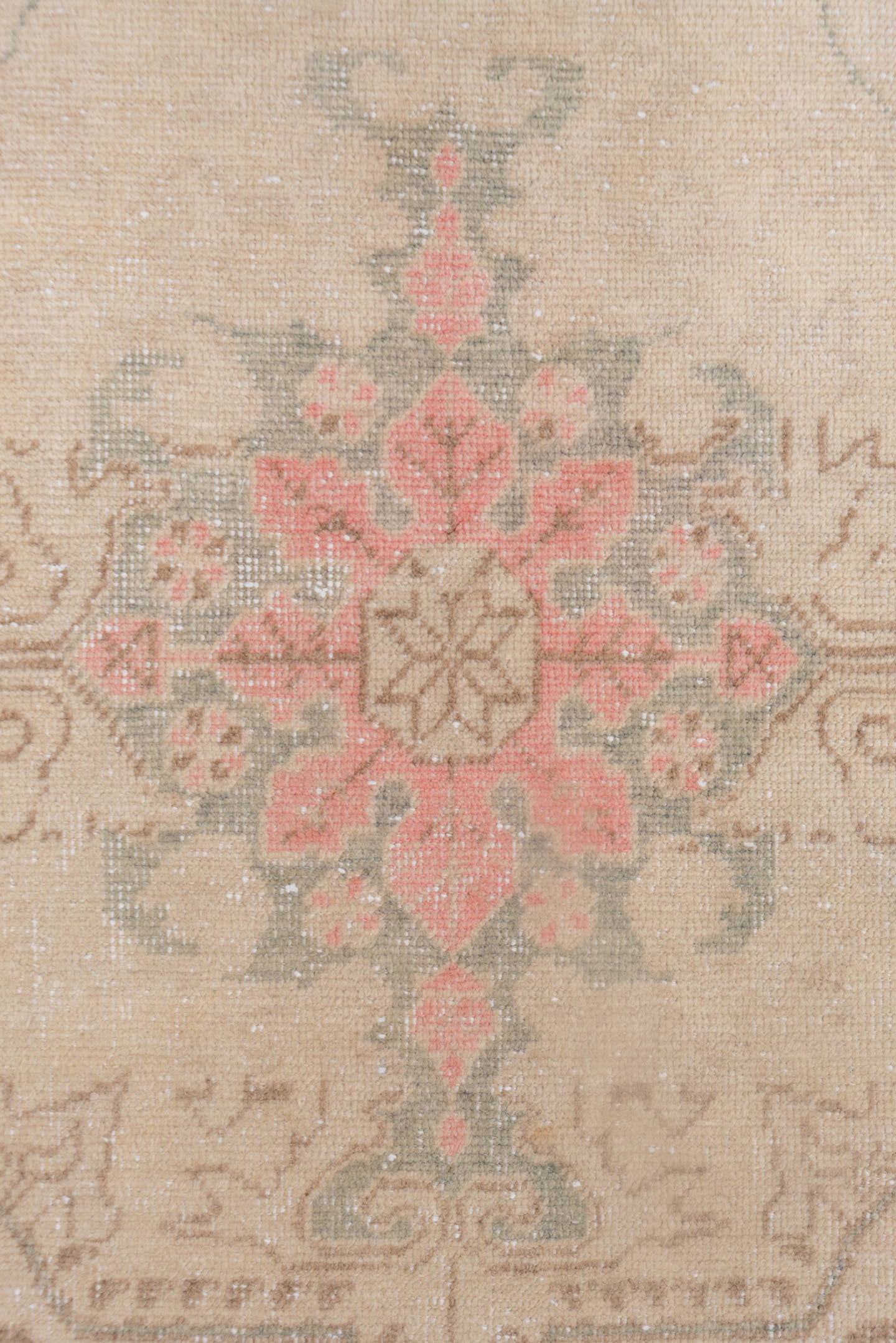 4' x 6' one-of-a-kind handmade vintage Oushak small size rug. Color palette: beige, taupe, blush, sage, brown, ivory, gray