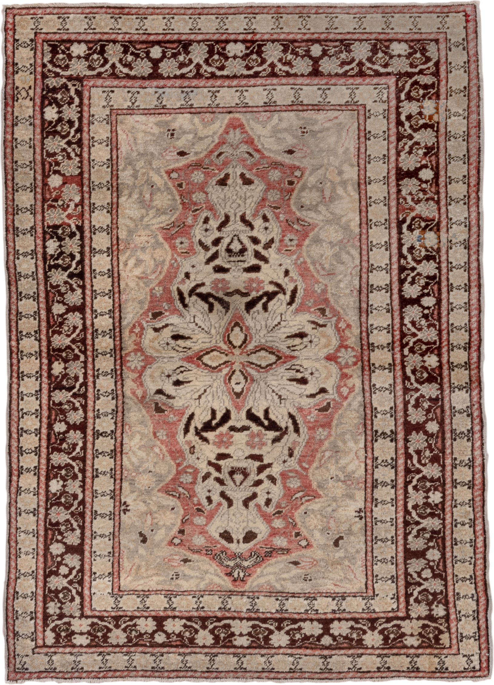 4' x 5' one-of-a-kind handmade antique Oushak small size rug. Color palette: ivory, burgundy, rose, taupe, brown, blush