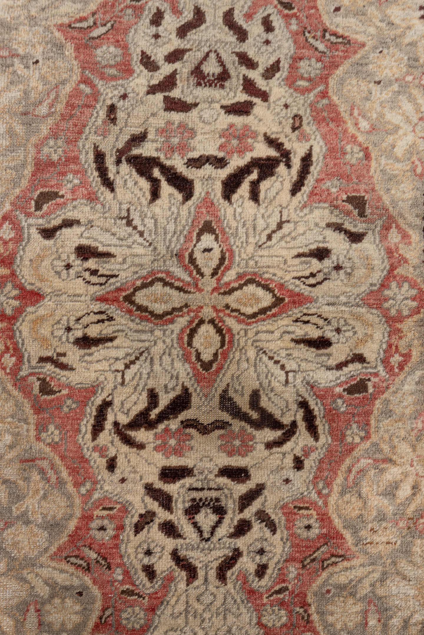 4' x 5' one-of-a-kind handmade antique Oushak small size rug. Color palette: ivory, burgundy, rose, taupe, brown, blush
