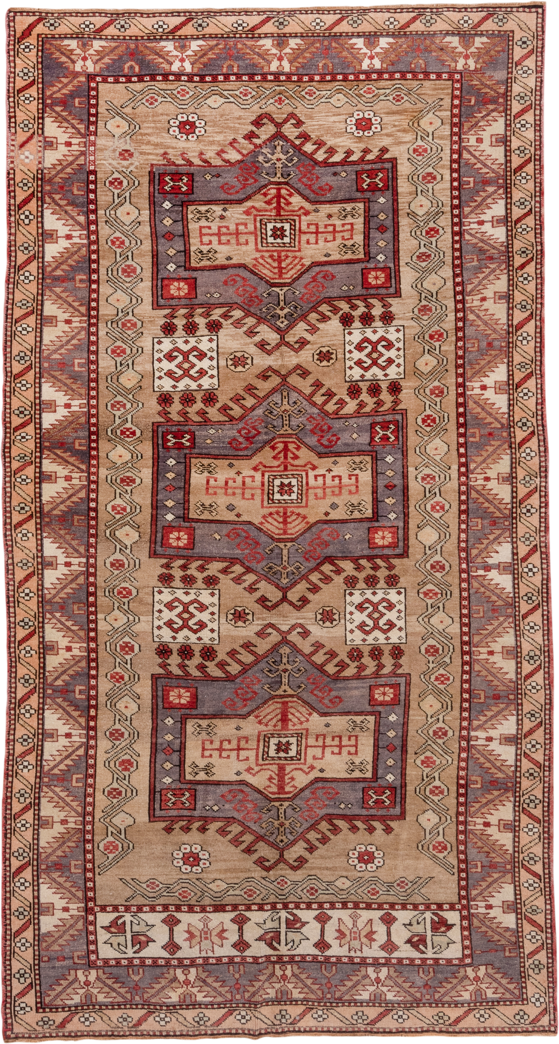5' x 10' one-of-a-kind handmade vintage Kars medium size rug. Color palette: tan, rust, ivory, lavender, brick, taupe