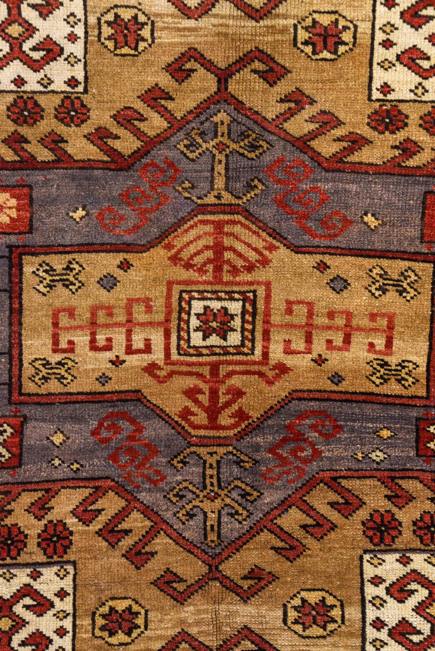 5' x 10' one-of-a-kind handmade vintage Kars medium size rug. Color palette: tan, rust, ivory, lavender, brick, taupe