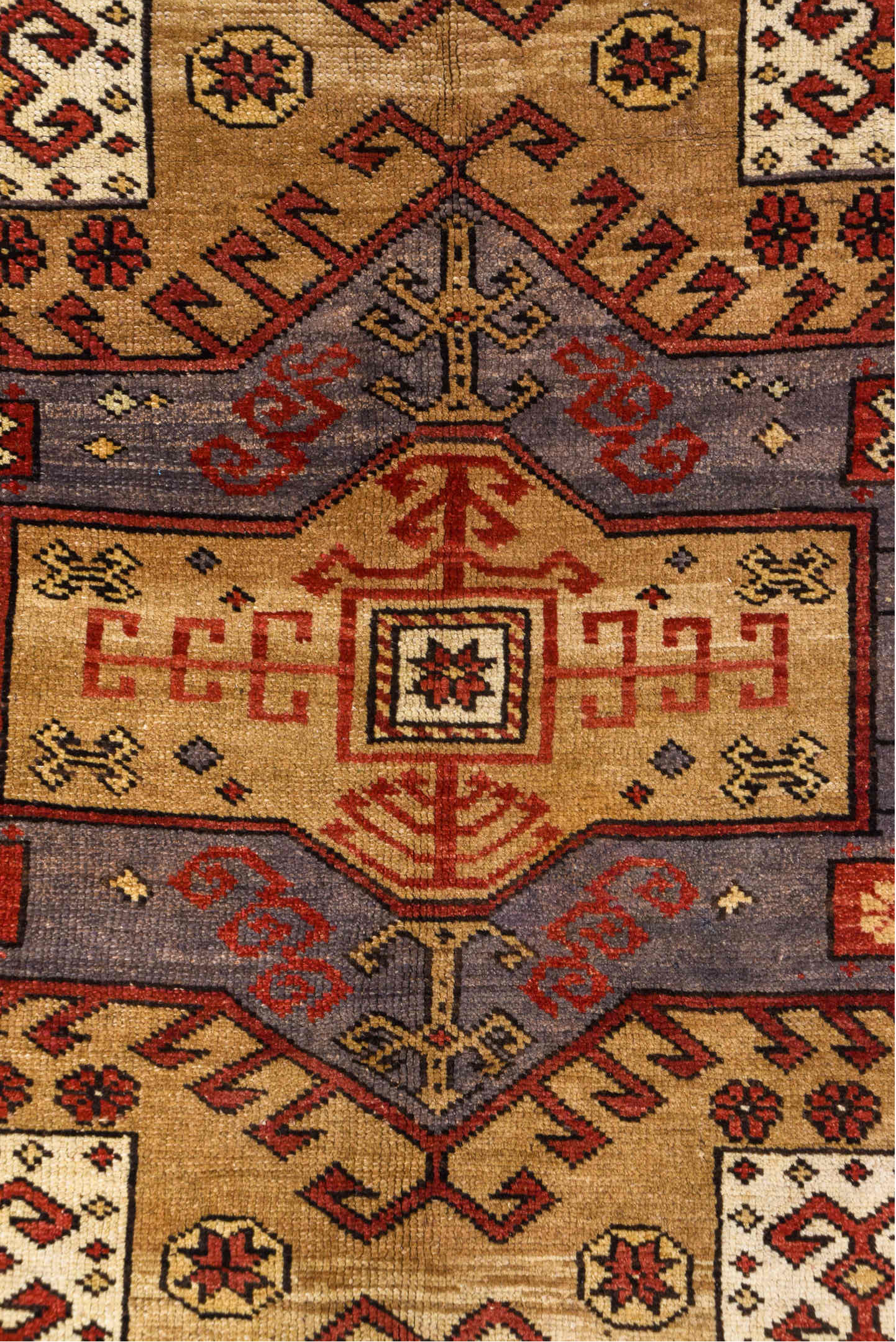 5' x 10' one-of-a-kind handmade vintage Kars medium size rug. Color palette: tan, rust, ivory, lavender, brick, taupe