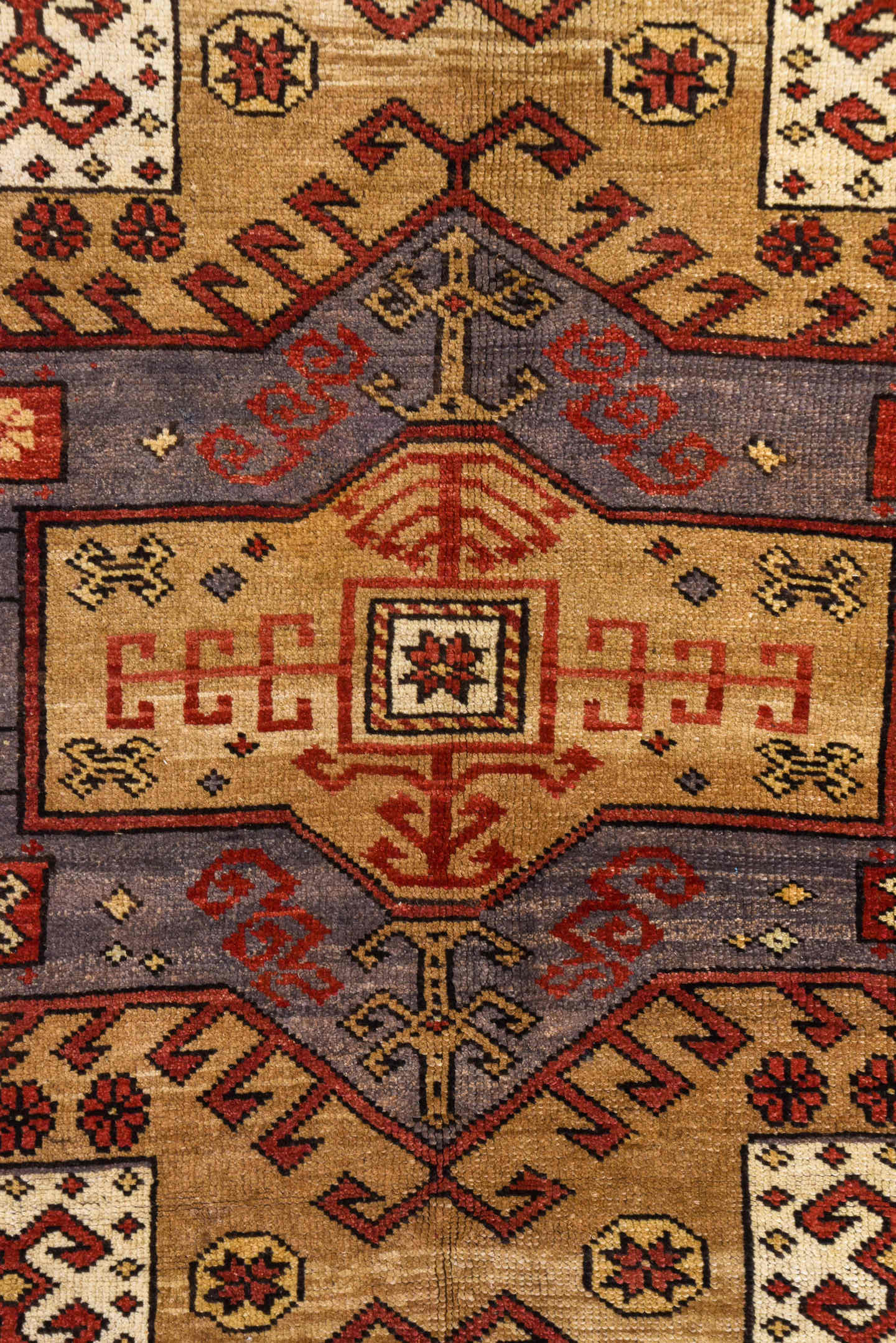 5' x 10' one-of-a-kind handmade vintage Kars medium size rug. Color palette: tan, rust, ivory, lavender, brick, taupe