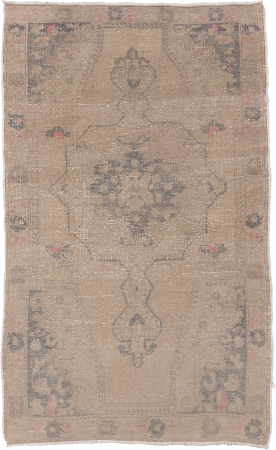4' x 7' one-of-a-kind handmade vintage Oushak rug. Color palette: taupe, beige, charcoal, ivory, rose, gray, black, pink