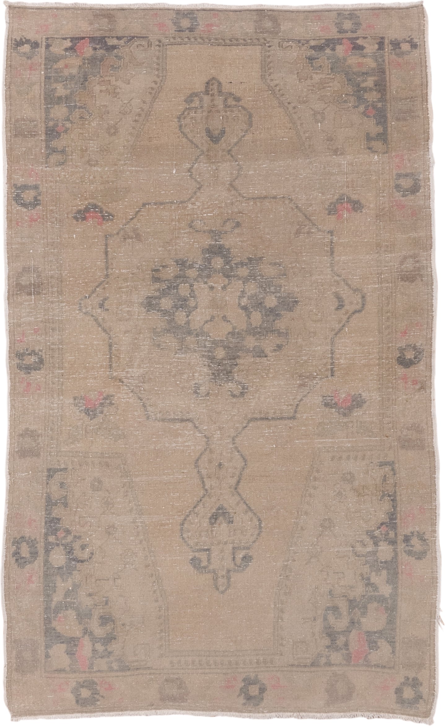 4' x 7' one-of-a-kind handmade vintage Oushak rug. Color palette: taupe, beige, charcoal, ivory, rose, gray, black, pink