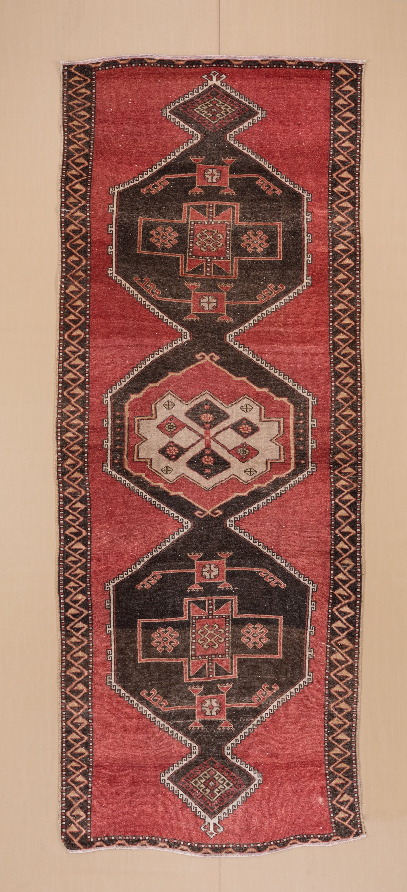 4' x 11' one-of-a-kind handmade vintage Oushak runner rug. Color palette: rust, charcoal, ivory, rose, burgundy, taupe