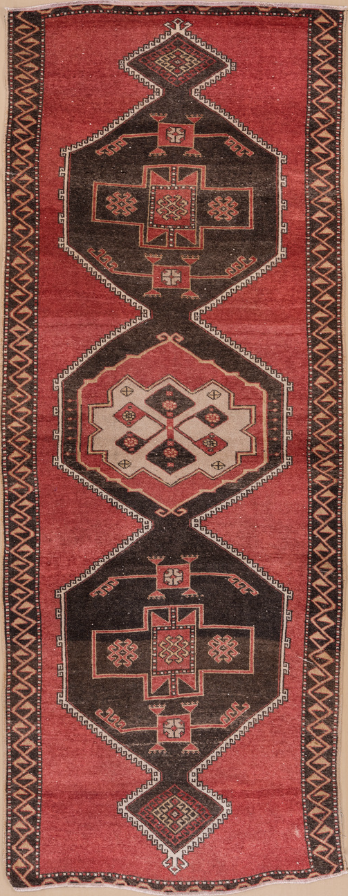 4' x 11' one-of-a-kind handmade vintage Oushak runner rug. Color palette: brown, gray, indian red, light gray, off-white
