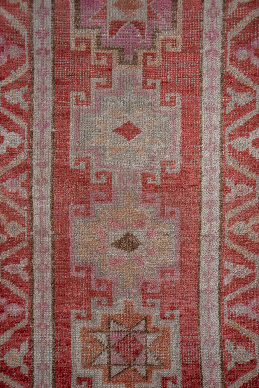 2' x 12' one-of-a-kind handmade vintage Oushak runner rug. Color palette: rose, ivory, blush, terra cotta, taupe, camel