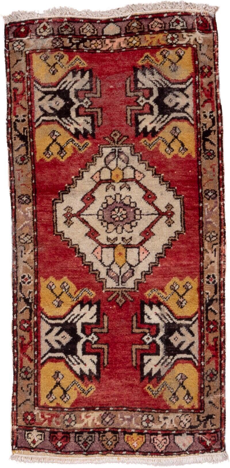 2' x 3' one-of-a-kind handmade vintage Oushak small size rug. Color palette: red, ivory, gold, taupe, charcoal, burgundy