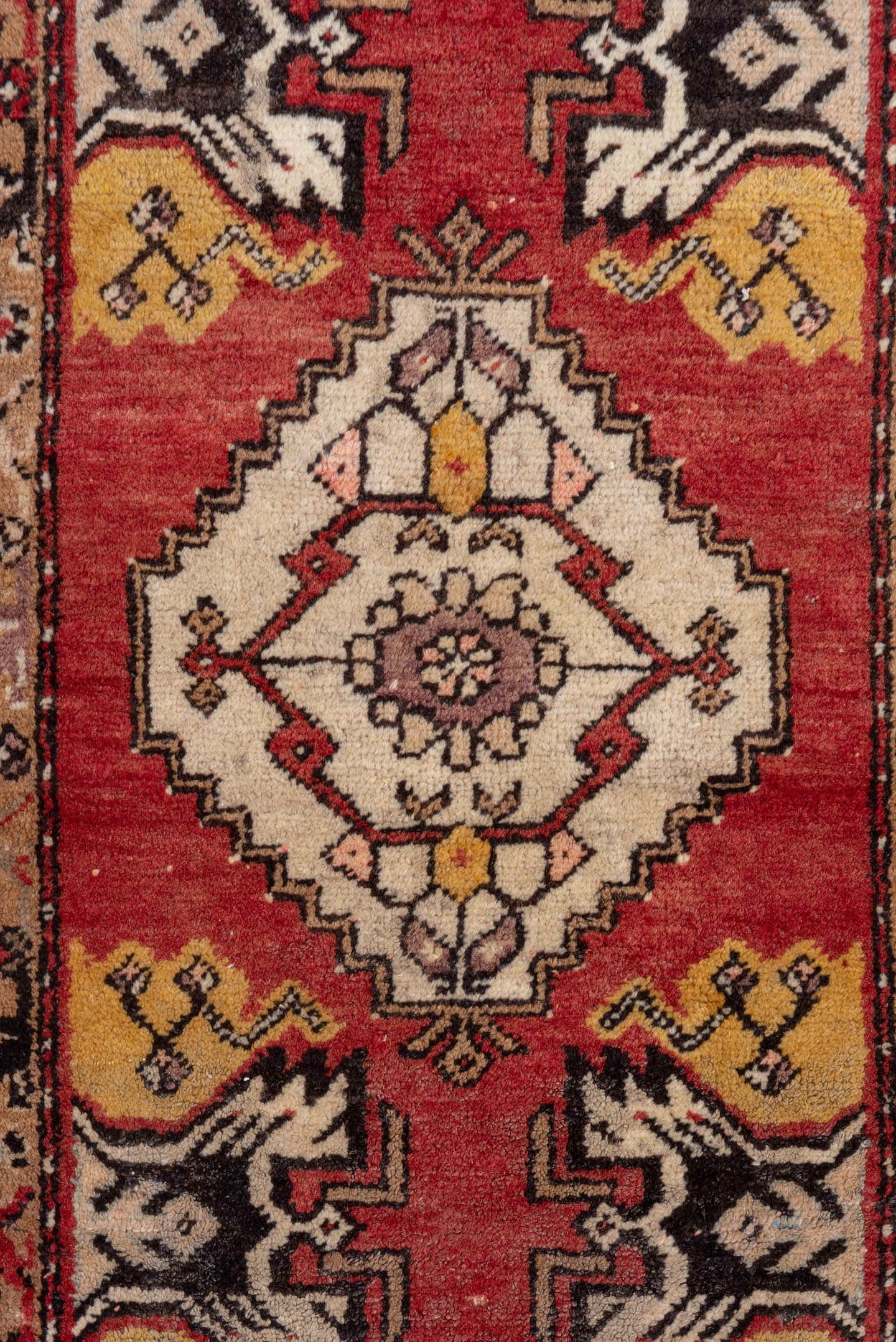2' x 3' one-of-a-kind handmade vintage Oushak small size rug. Color palette: red, ivory, gold, taupe, charcoal, burgundy