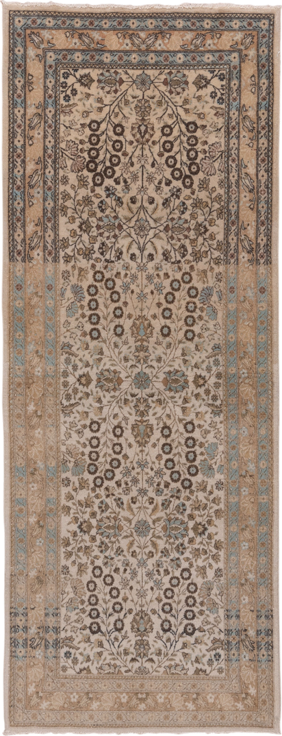 3' x 7' one-of-a-kind handmade vintage Sivas runner rug. Color palette: ivory, beige, taupe, sky_blue, brown, camel, gray