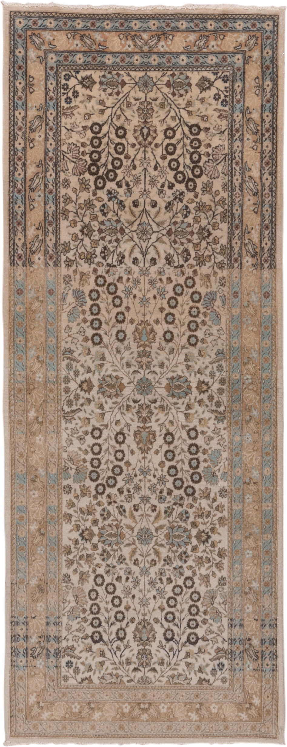 3' x 7' one-of-a-kind handmade vintage Sivas runner rug. Color palette: ivory, beige, taupe, sky_blue, brown, camel, gray
