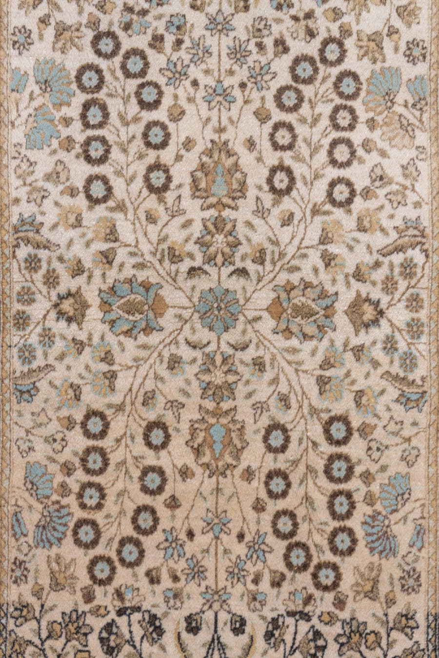 3' x 7' one-of-a-kind handmade vintage Sivas runner rug. Color palette: ivory, beige, taupe, sky_blue, brown, camel, gray