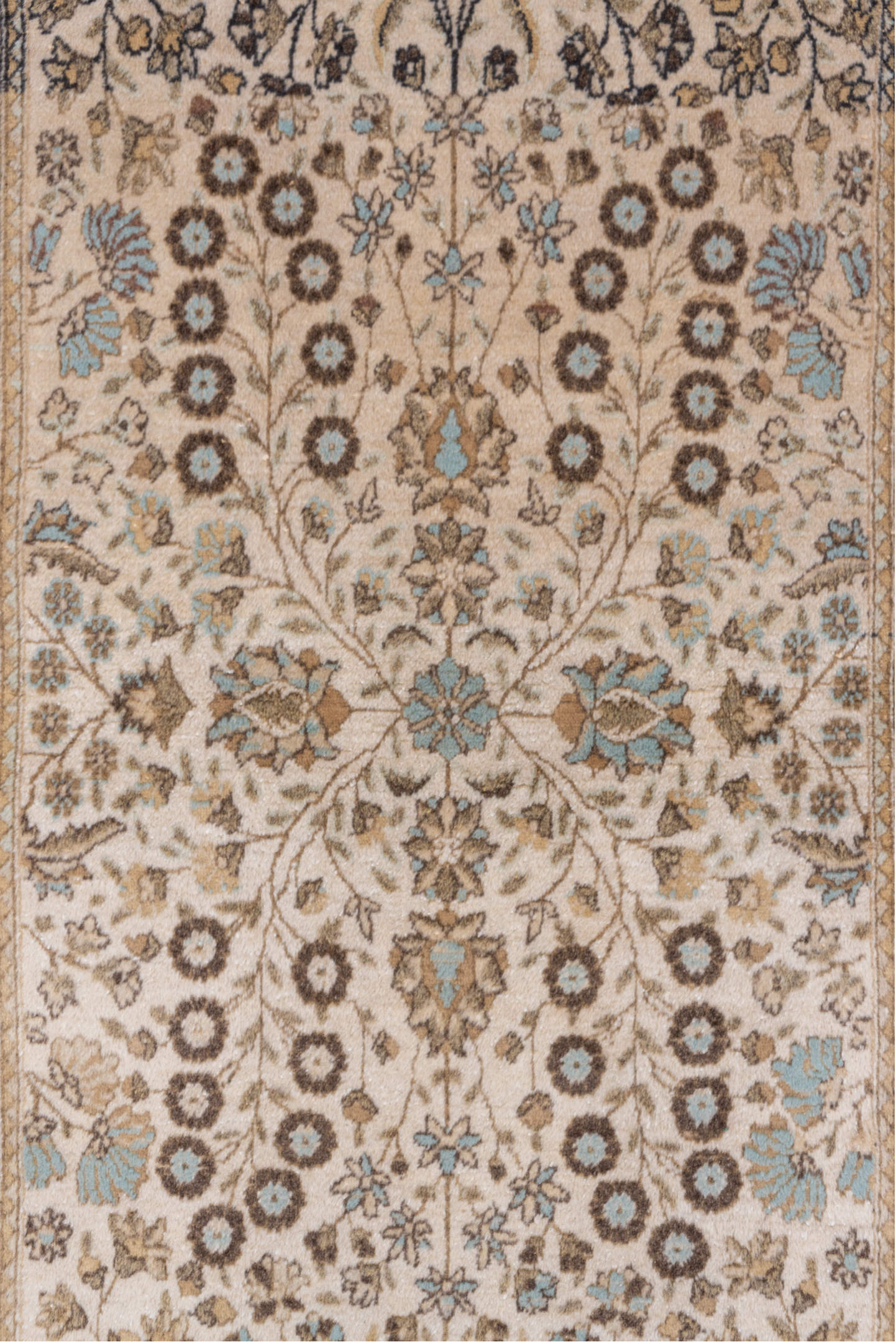 3' x 7' one-of-a-kind handmade vintage Sivas runner rug. Color palette: ivory, beige, taupe, sky_blue, brown, camel, gray