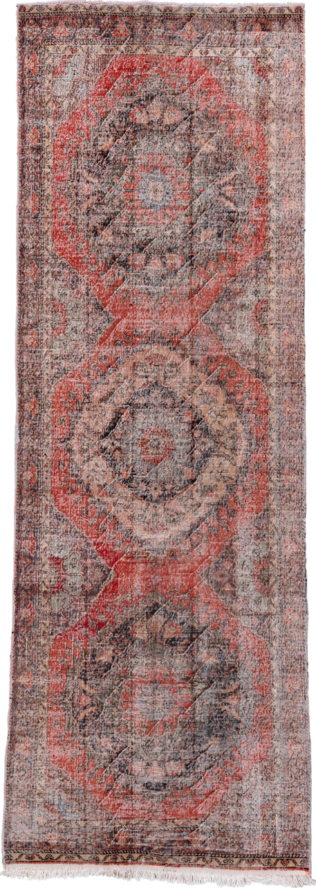 4' x 12' one-of-a-kind handmade vintage Oushak runner rug. Color palette: ivory, coral, charcoal, taupe, rose, slate