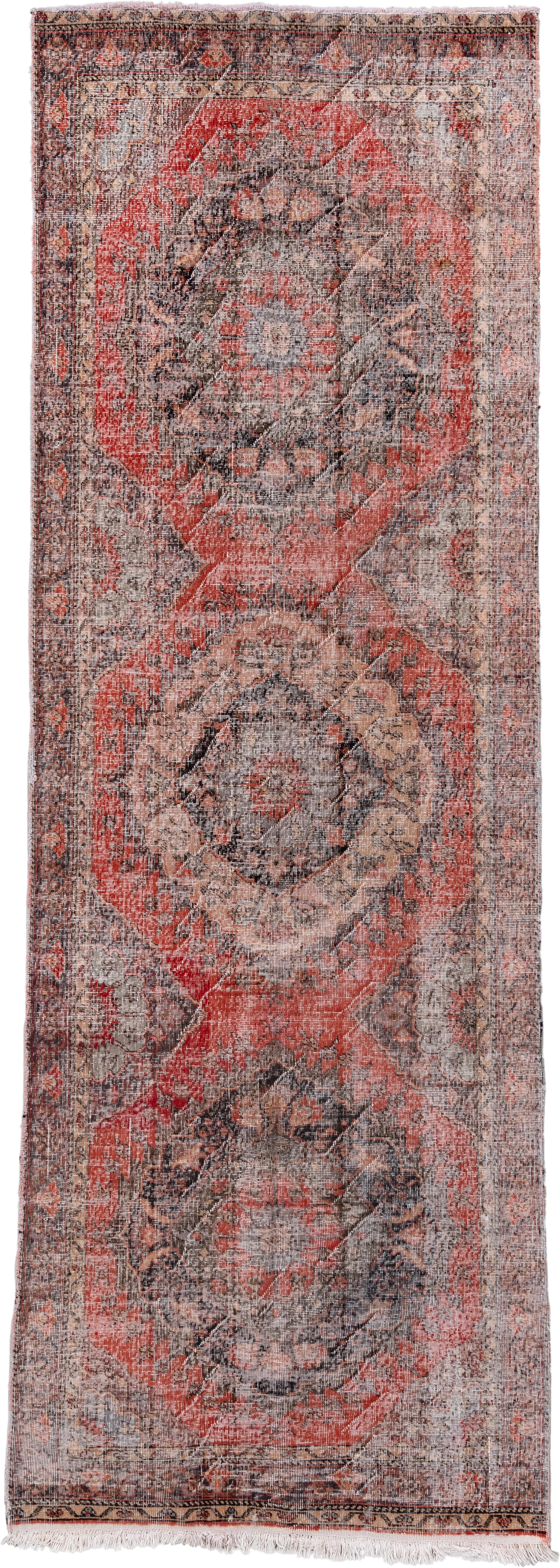 4' x 12' one-of-a-kind handmade vintage Oushak runner rug. Color palette: ivory, coral, charcoal, taupe, rose, slate