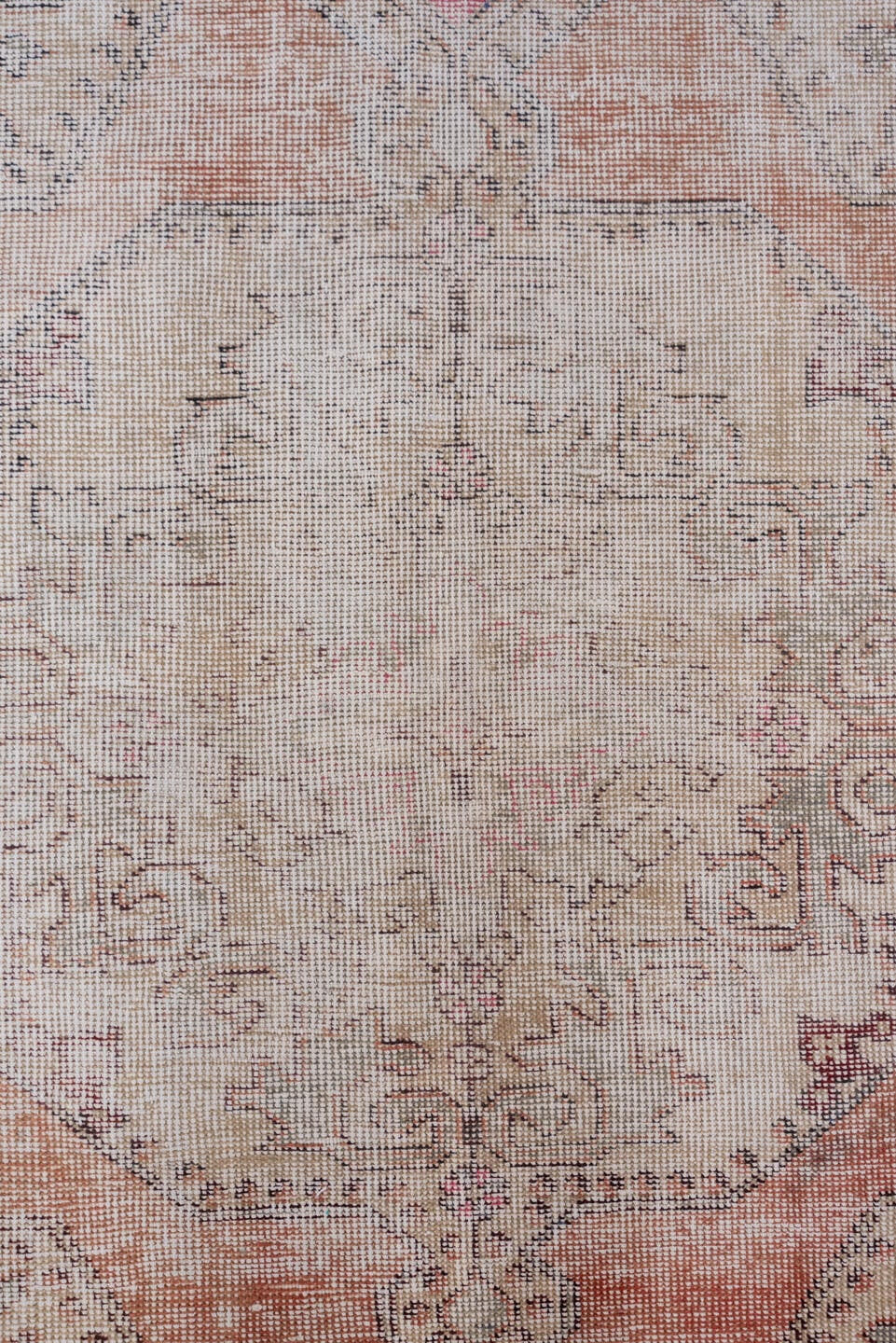 4' x 7' one-of-a-kind handmade vintage Oushak rug. Color palette: ivory, blush, peach, taupe, rose, slate, brown, pink
