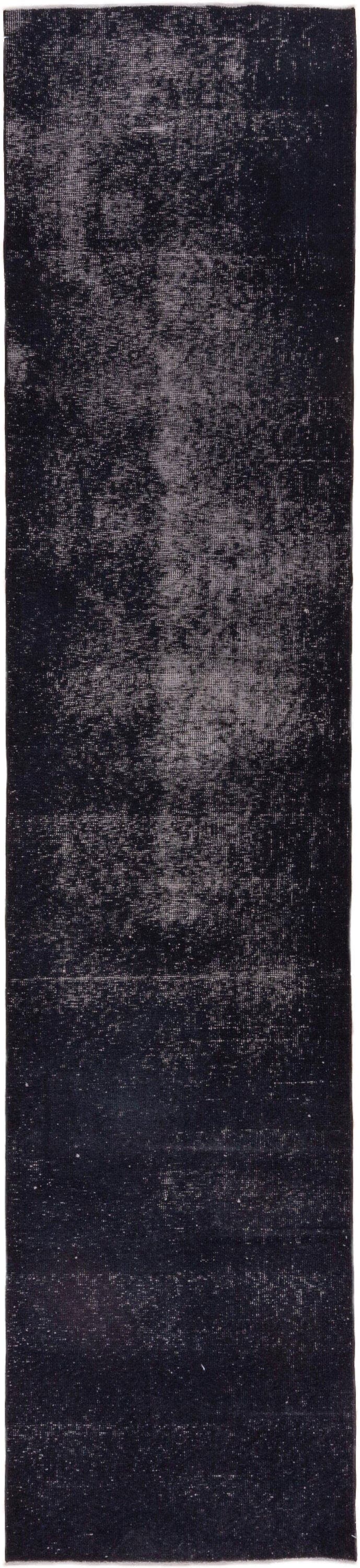 3' x 13' one-of-a-kind handmade vintage Overdyed runner rug. Color palette: charcoal, slate, ink, ebony, gray, black