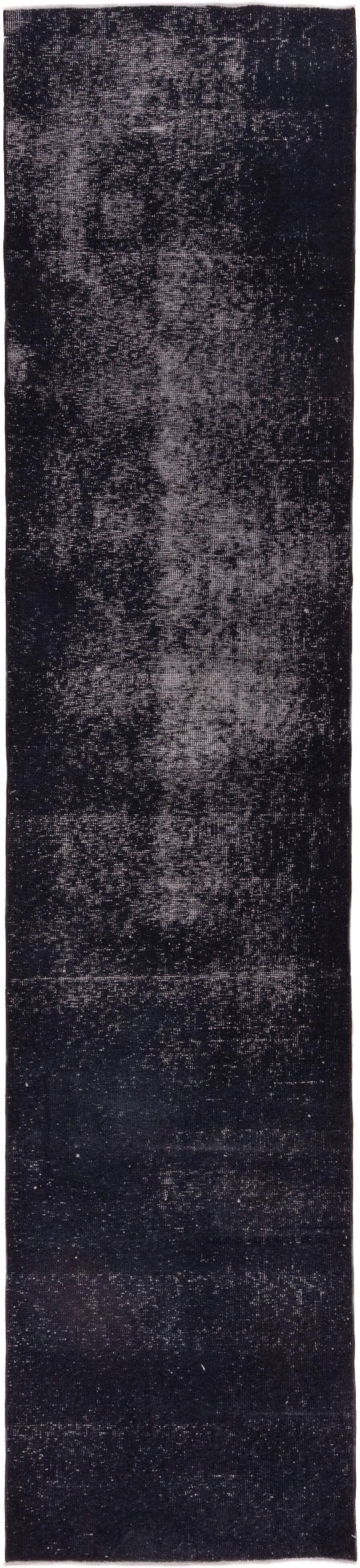 3' x 13' one-of-a-kind handmade vintage Overdyed runner rug. Color palette: charcoal, slate, ink, ebony, gray, black