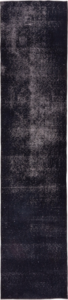 3' x 13' one-of-a-kind handmade vintage Overdyed runner rug. Color palette: charcoal, slate, ink, ebony, gray, black