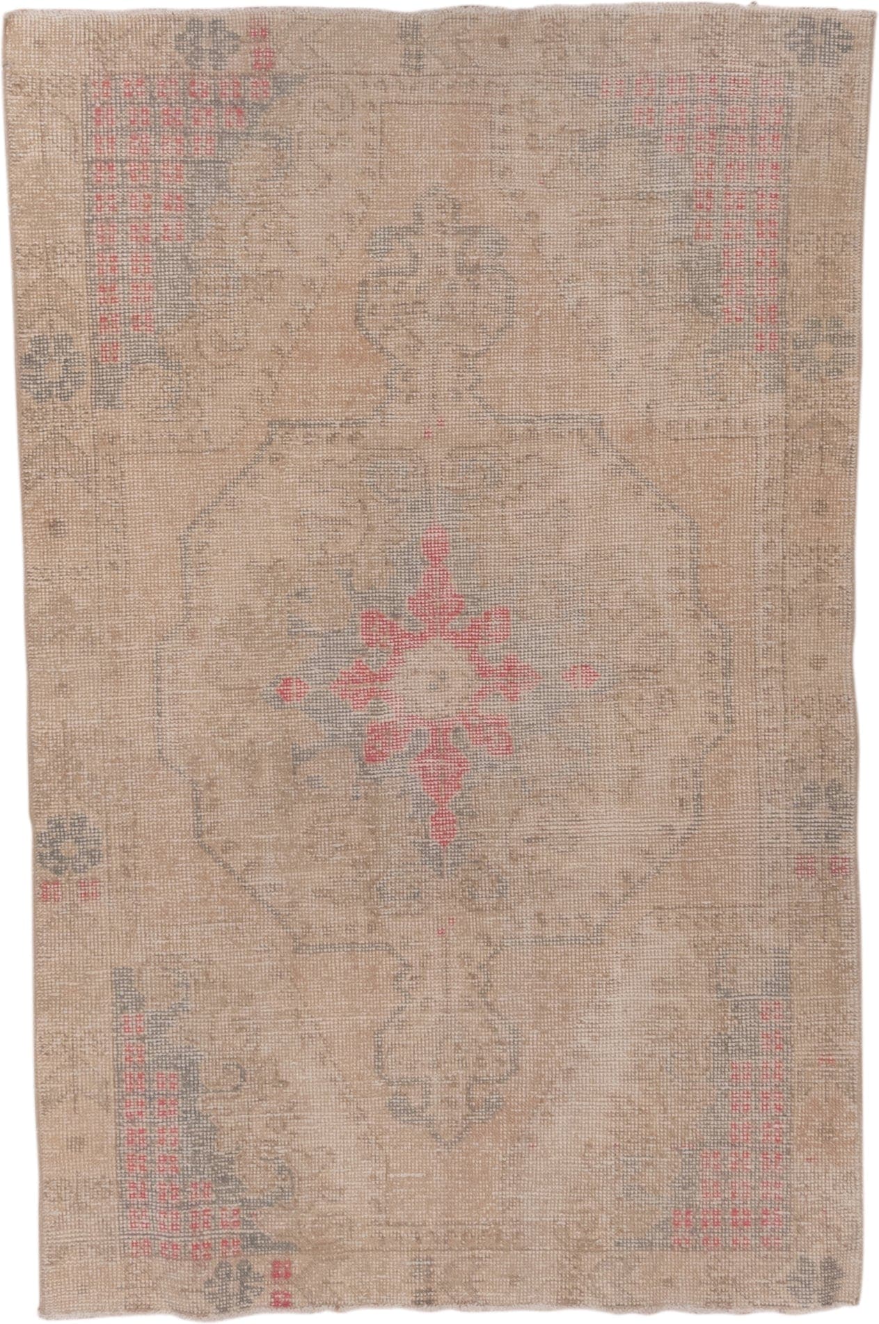 4' x 6' one-of-a-kind handmade vintage Oushak small size rug. Color palette: beige, taupe, gray, soft coral, ivory
