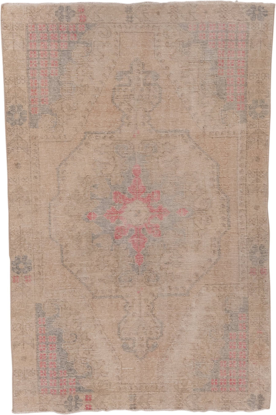 4' x 6' one-of-a-kind handmade vintage Oushak small size rug. Color palette: beige, taupe, gray, soft coral, ivory