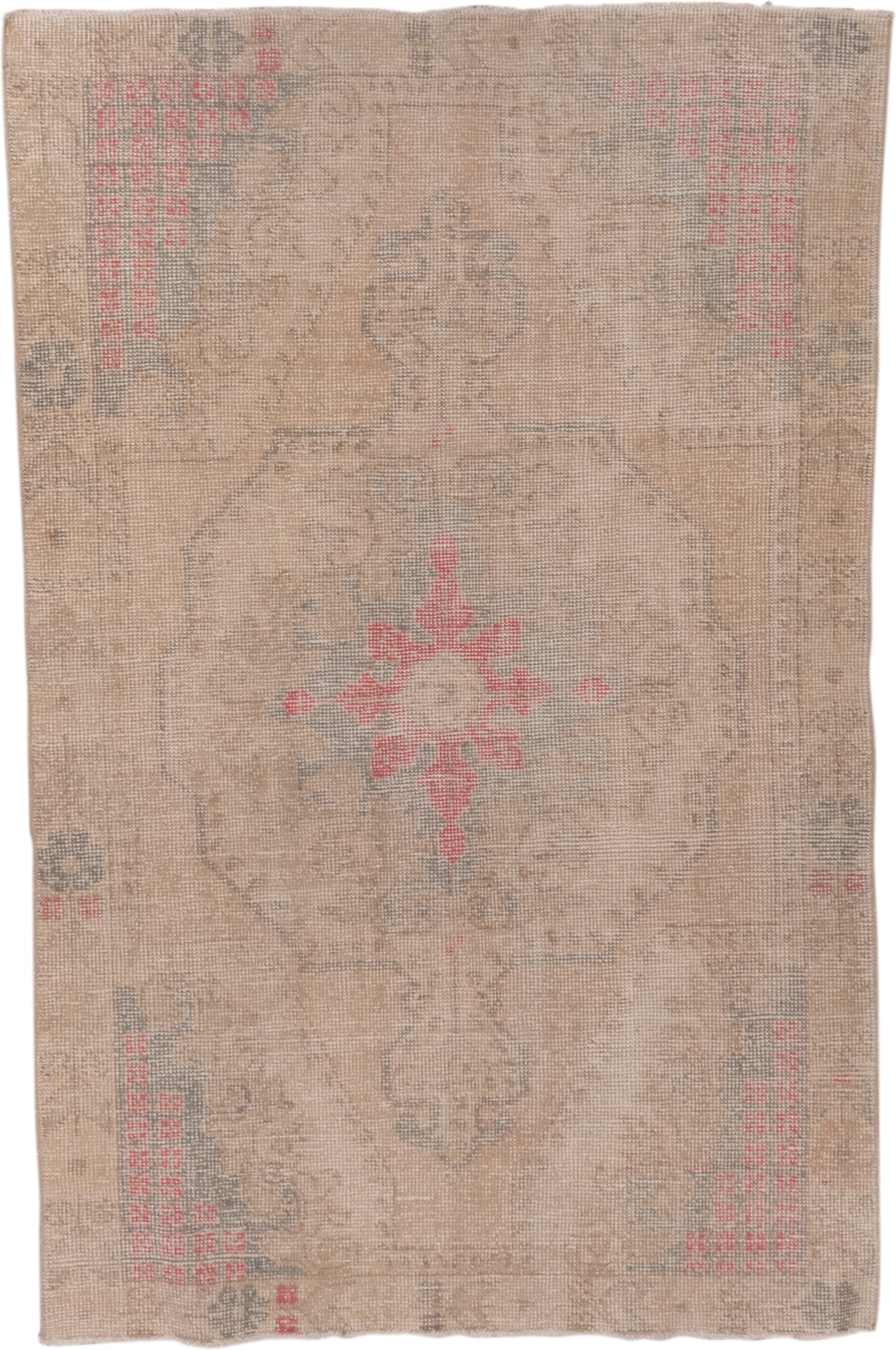 4' x 6' one-of-a-kind handmade vintage Oushak small size rug. Color palette: beige, taupe, gray, soft coral, ivory
