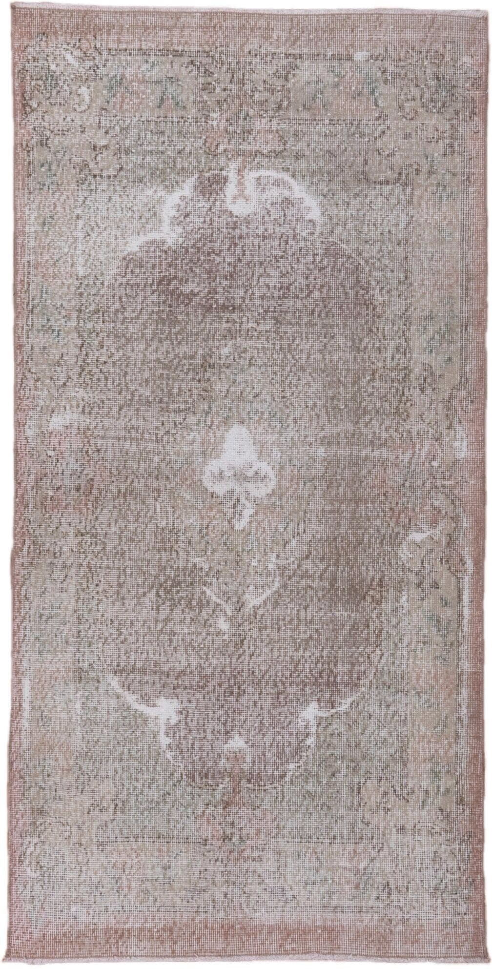 3' x 7' one-of-a-kind handmade vintage Oushak runner rug. Color palette: taupe, blush, ivory, rose, sage, beige, gray, pink