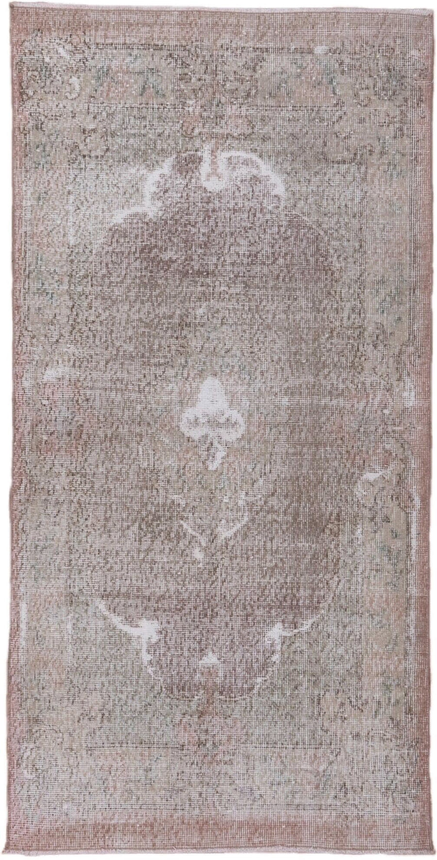 3' x 7' one-of-a-kind handmade vintage Oushak runner rug. Color palette: taupe, blush, ivory, rose, sage, beige, gray, pink