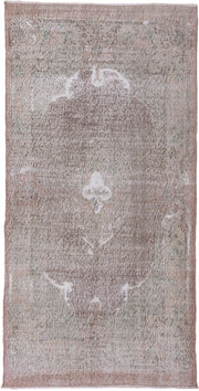 3' x 7' one-of-a-kind handmade vintage Oushak runner rug. Color palette: taupe, blush, ivory, rose, sage, beige, gray, pink