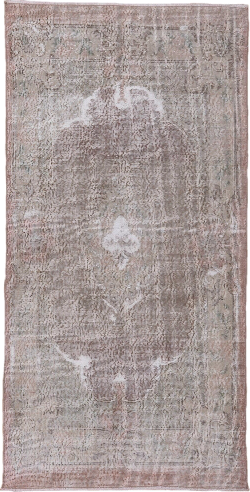 3' x 7' one-of-a-kind handmade vintage Oushak runner rug. Color palette: taupe, blush, ivory, rose, sage, beige, gray, pink