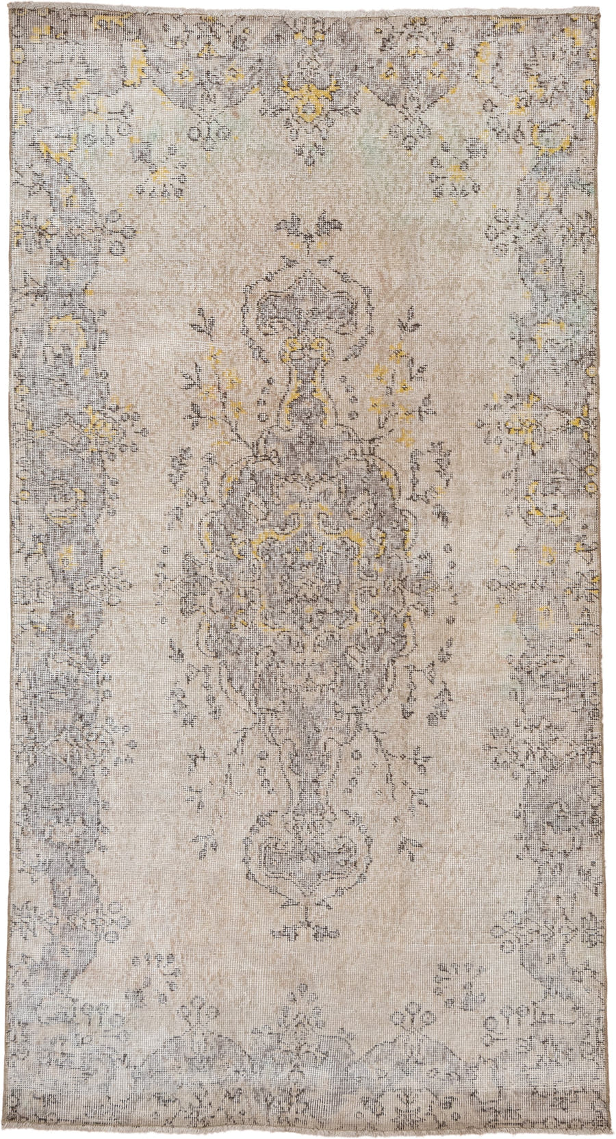 3' x 7' one-of-a-kind handmade vintage Oushak rug. Color palette: ivory, taupe, gray, gold, cream, beige
