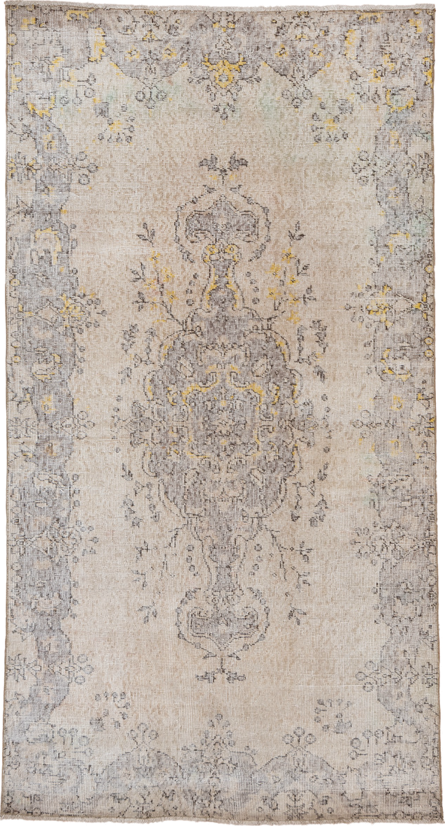 3' x 7' one-of-a-kind handmade vintage Oushak rug. Color palette: ivory, taupe, gray, gold, cream, beige