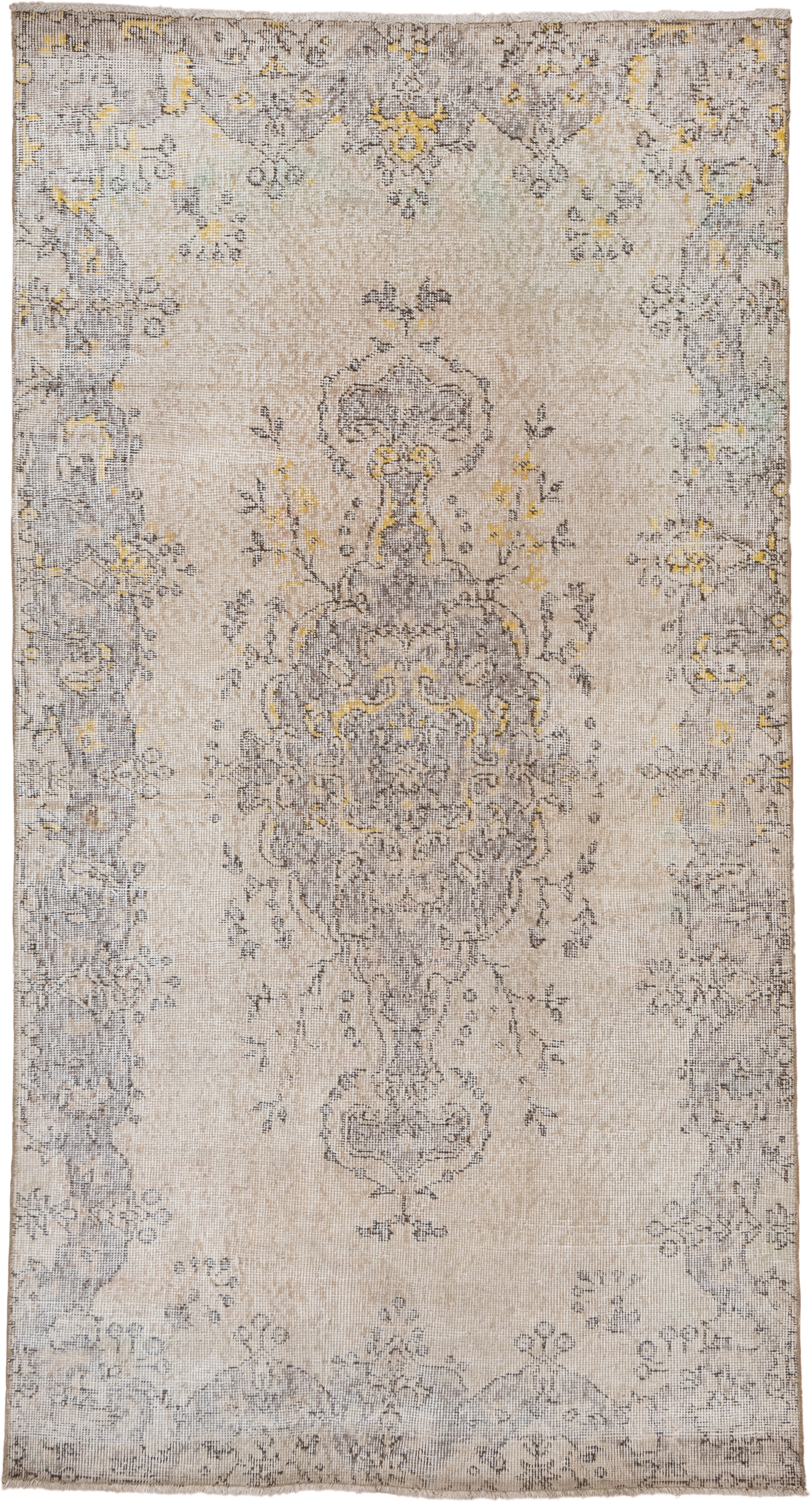 3' x 7' one-of-a-kind handmade vintage Oushak rug. Color palette: ivory, taupe, gray, gold, cream, beige